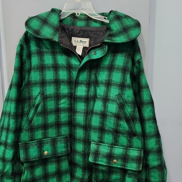 Vintage L.L. Bean Green Black Plaid Wool Blend Jacket Coat